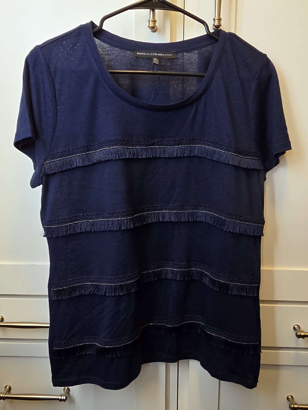 White House Black Market Navy Fringe-Trim Short Sleeve Tee